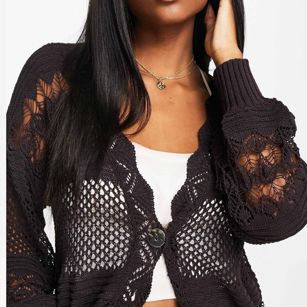 Longline crochet cardigan in plum